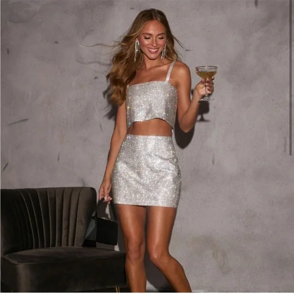 Sparkling Silver Rhinestone Vici Skirt - Picture 1 of 5